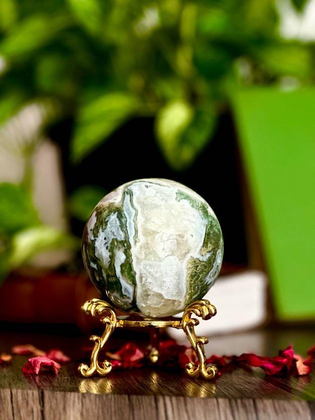 Moss Agate Sphere for Growth, Prosperity, & Land Work