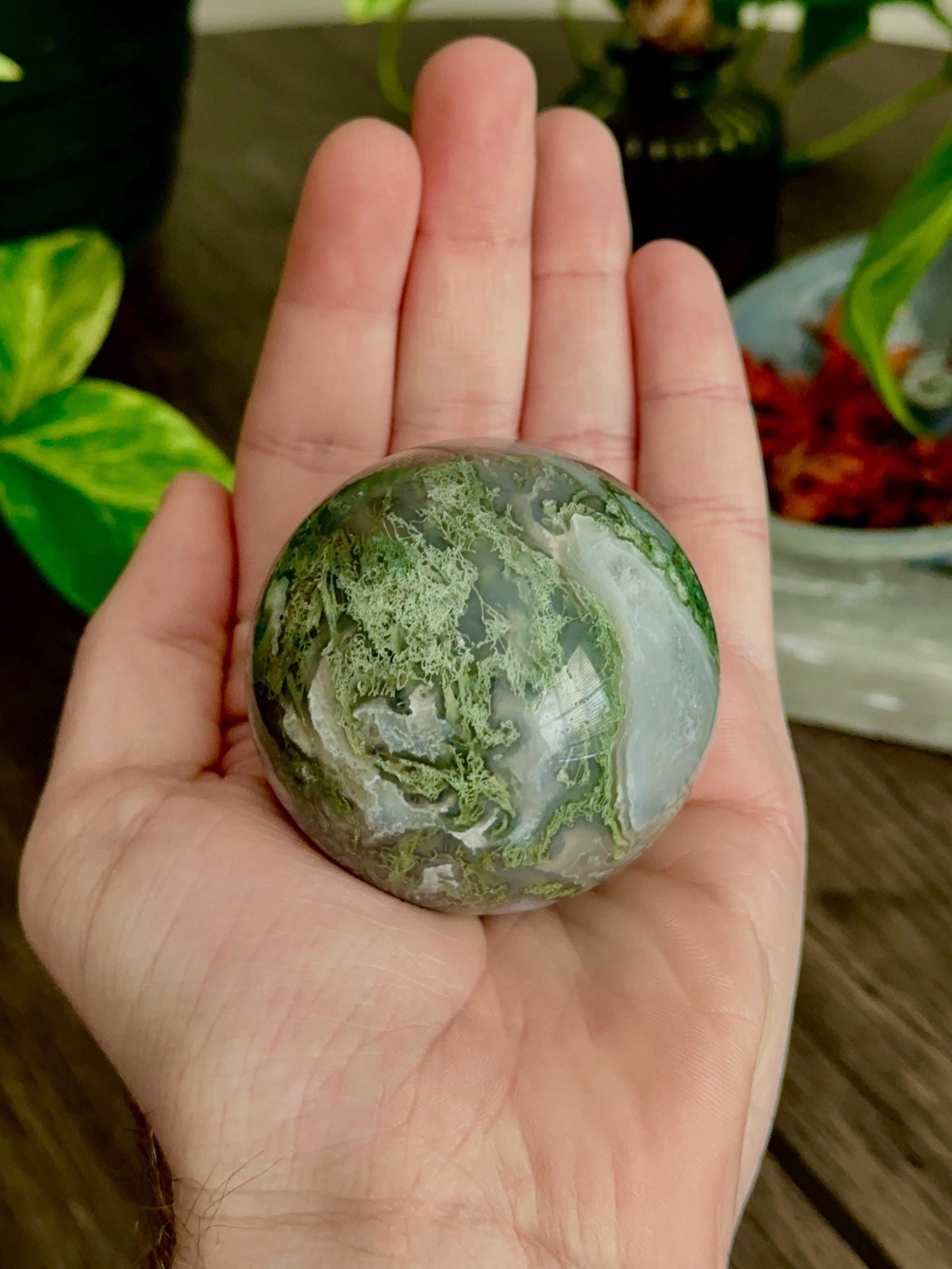 Moss Agate Sphere for Growth, Prosperity, & Land Work