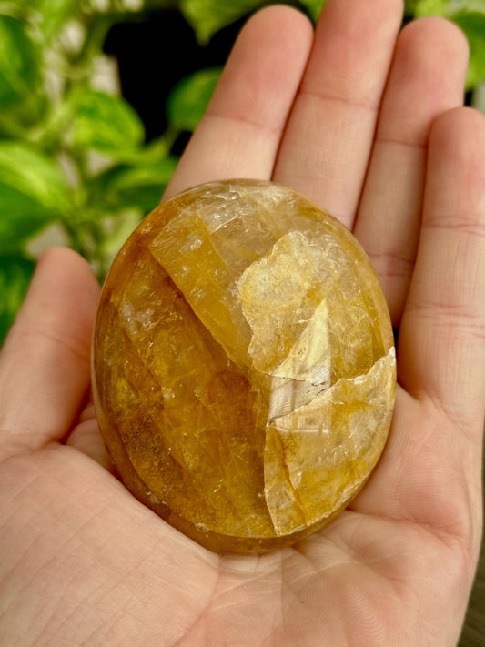 Golden Healer Quartz Palm Stone for Ancestral Healing, Cleansing, & Release