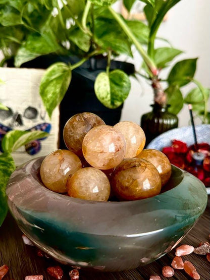 Golden Healer Quartz Mini Sphere for Ancestral Healing, Cleansing, & Release