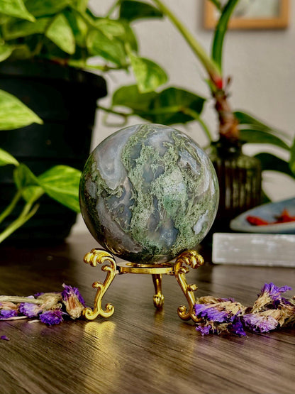Moss Agate Sphere for Growth, Prosperity, & Land Work