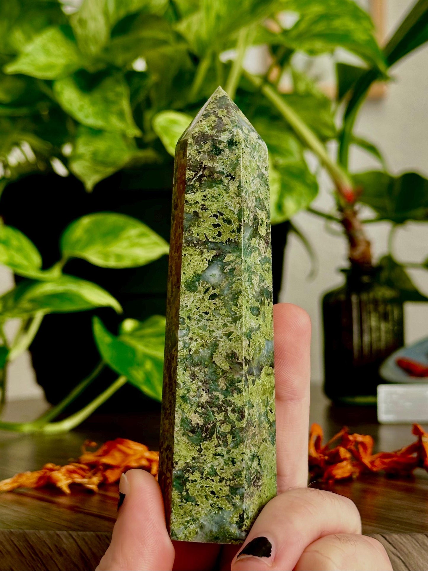 Jade Nephrite in Quartz Tower  Prosperity & Protection