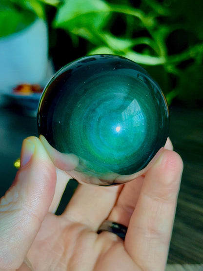 Rainbow Obsidian Sphere for Healing, Self - reflection, & Emotional Insight - Hemlock & Honey